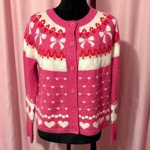 Pink Bows and Hearts Button Up Crew Neck Cardigan Sweater